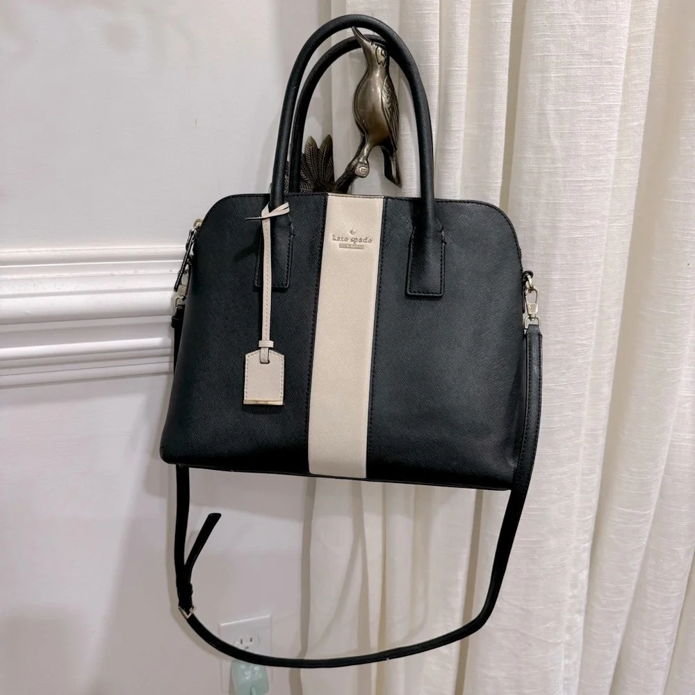 Kate Spade Cameron Street Racing Stripe Margot Crossgrain Leather Black White Pu